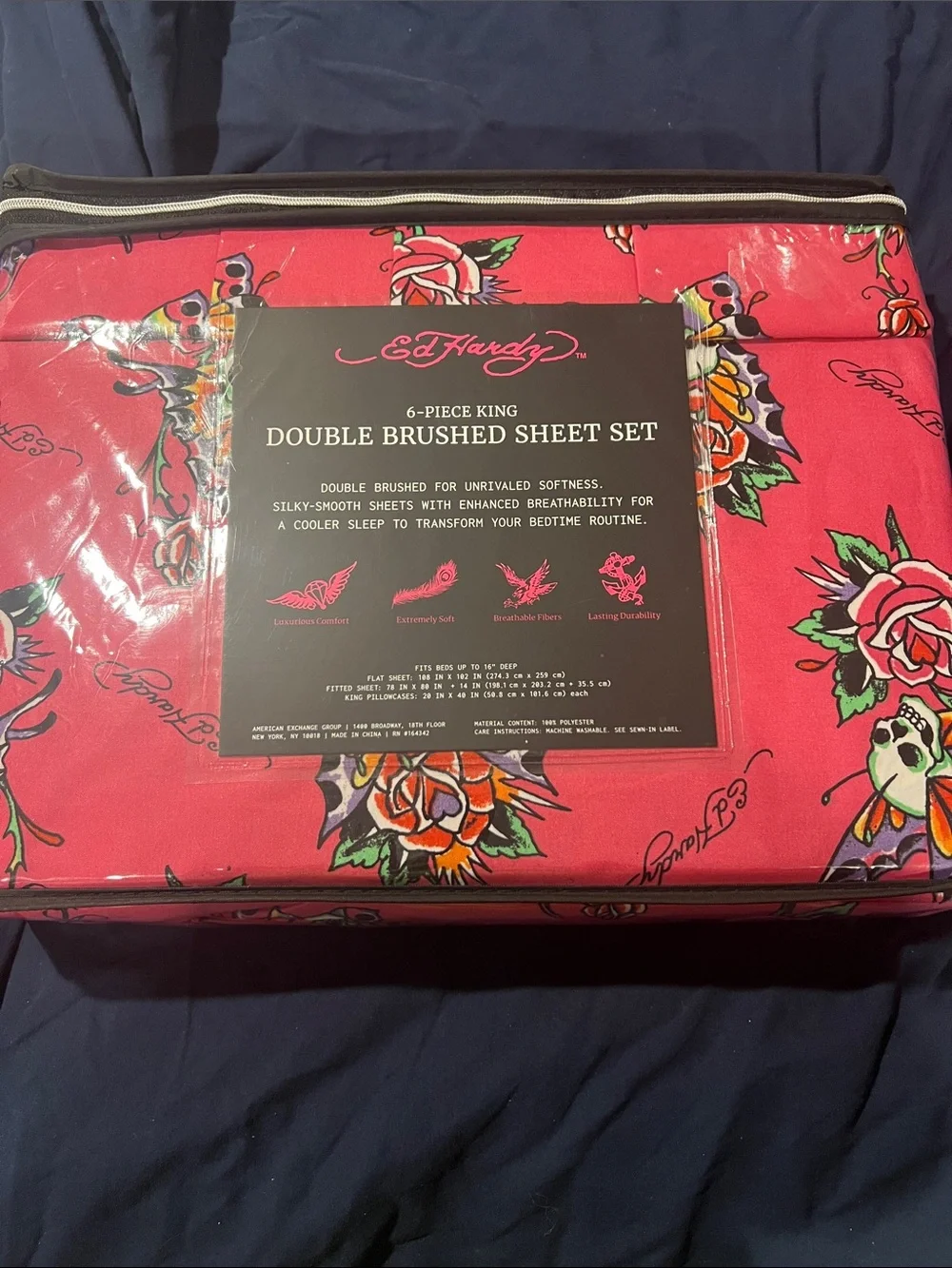 Ed Hardy Pink Floral & Tattoo Print 6-Piece King Brushed Sheet Set